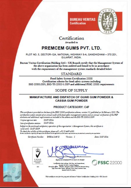 Certifications | Premcem Gums - ISO 9001, FSSC 22000, HACCP, Kosher, Halal